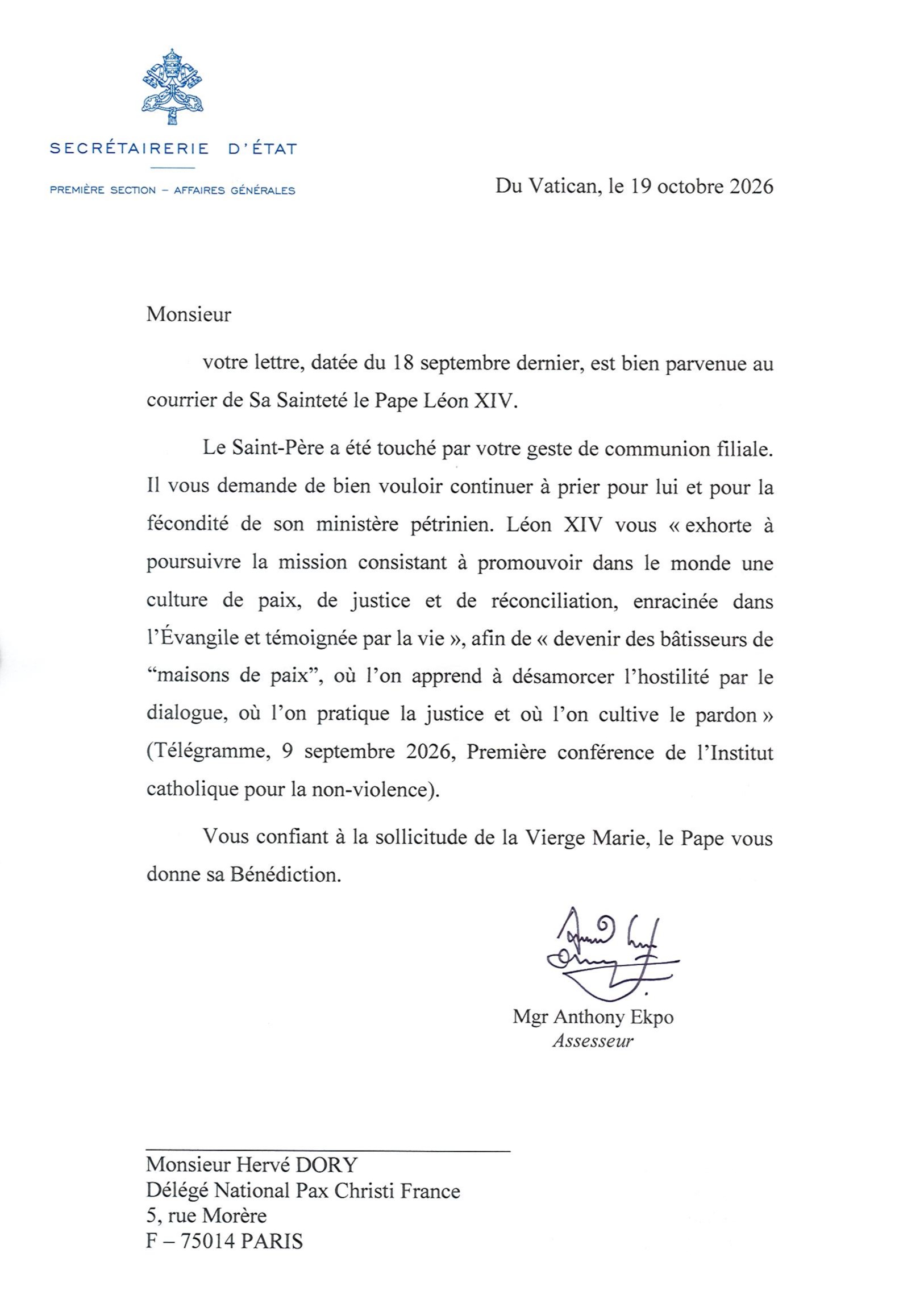 réponse du pape